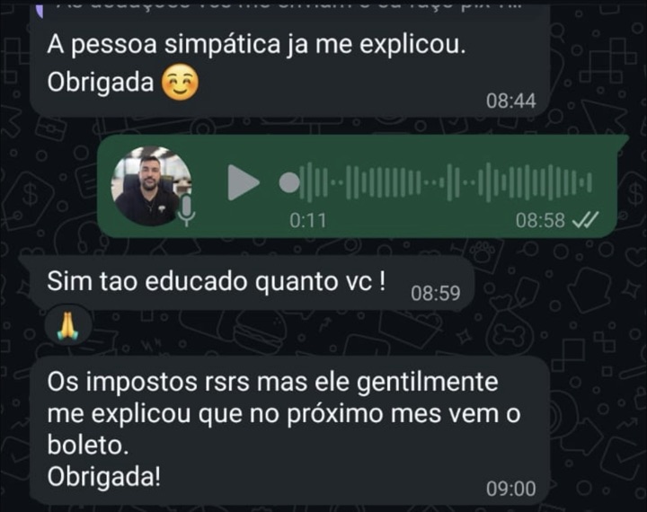 "A pessoa simpática já me explicou. Obrigada." Cliente sobre o atendimento.